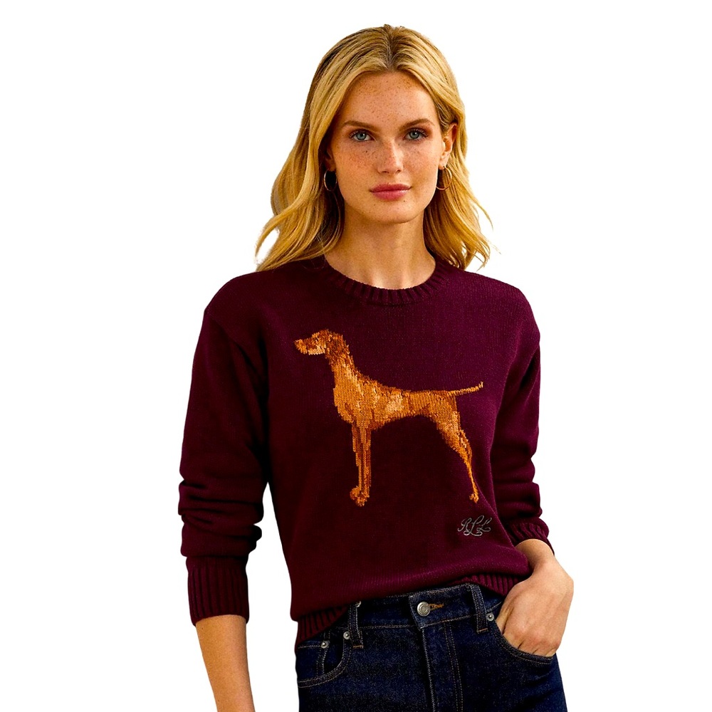 Lauren Ralph Lauren Intarsia Knit Vizsla Cotton Sweater - Maroon L New